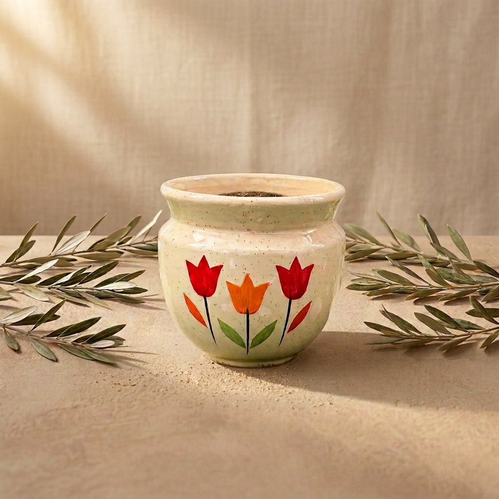 Flared-Rim Hand-Painted Tulip Ceramic Planter