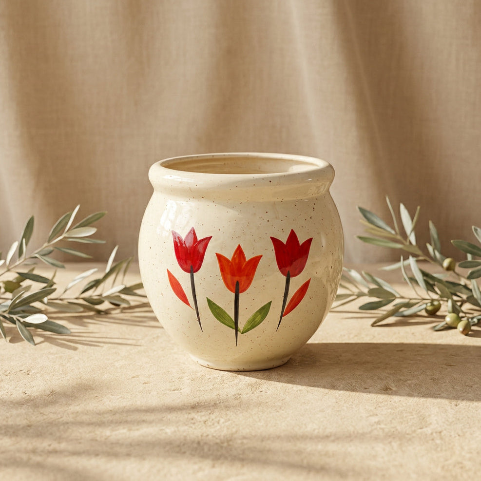Rounded Hand-Painted Tulip Ceramic Planter