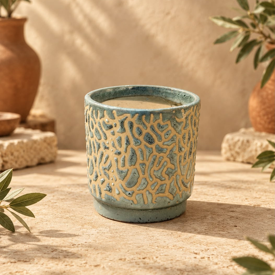Sage Blue Textured Ceramic Planter