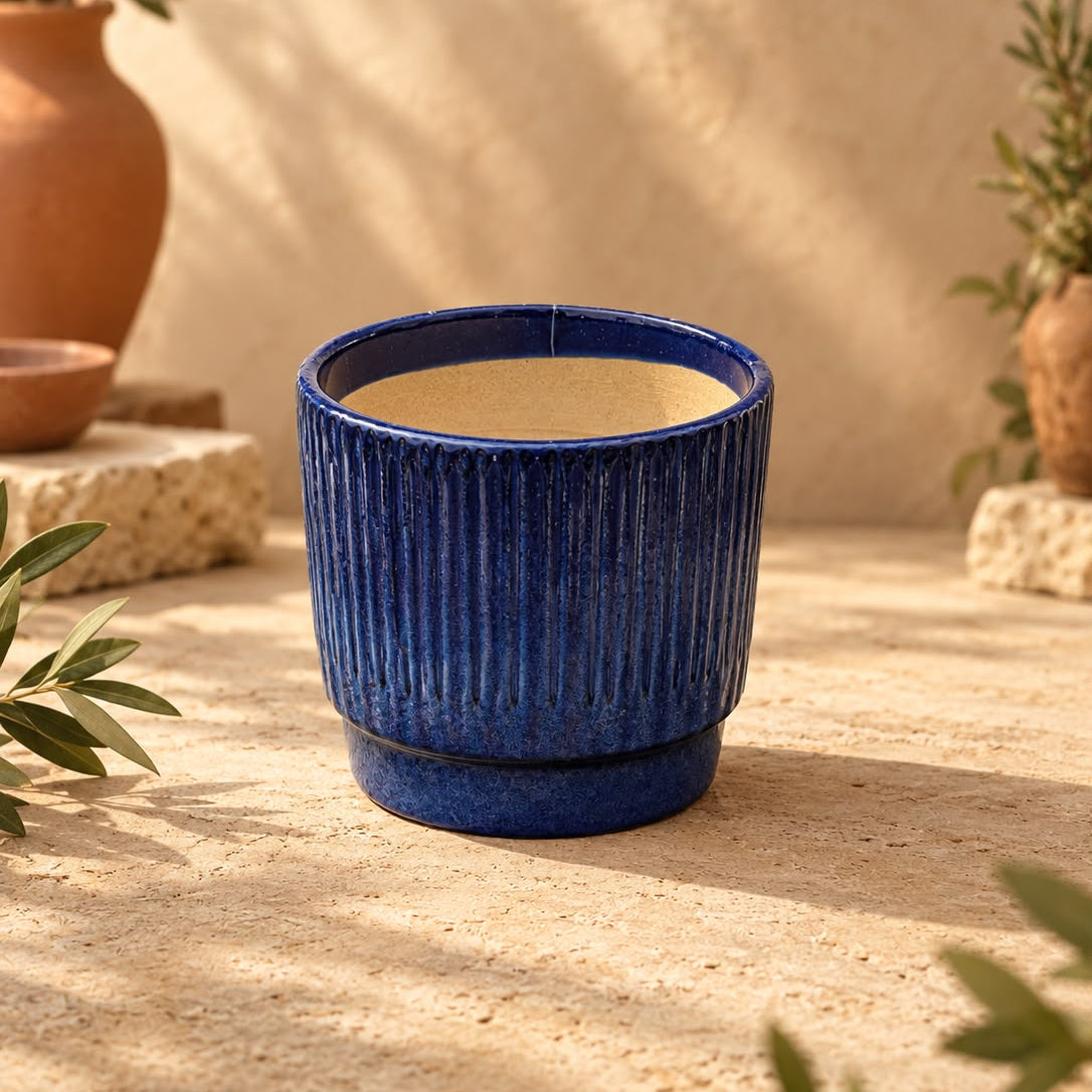 Deep Navy Blue Ribbed Ceramic Planter