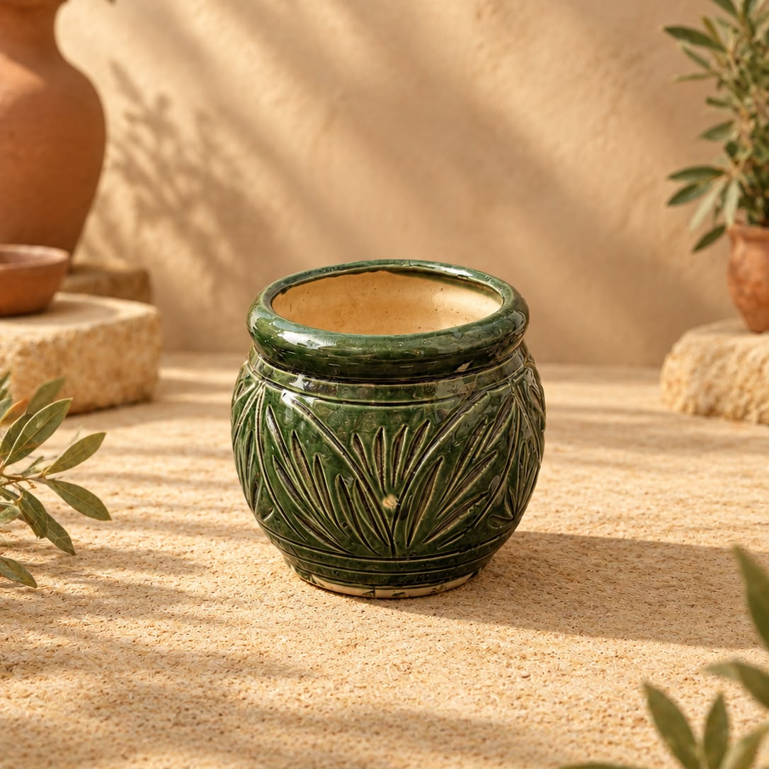 Olive Green Embossed Ceramic Planter