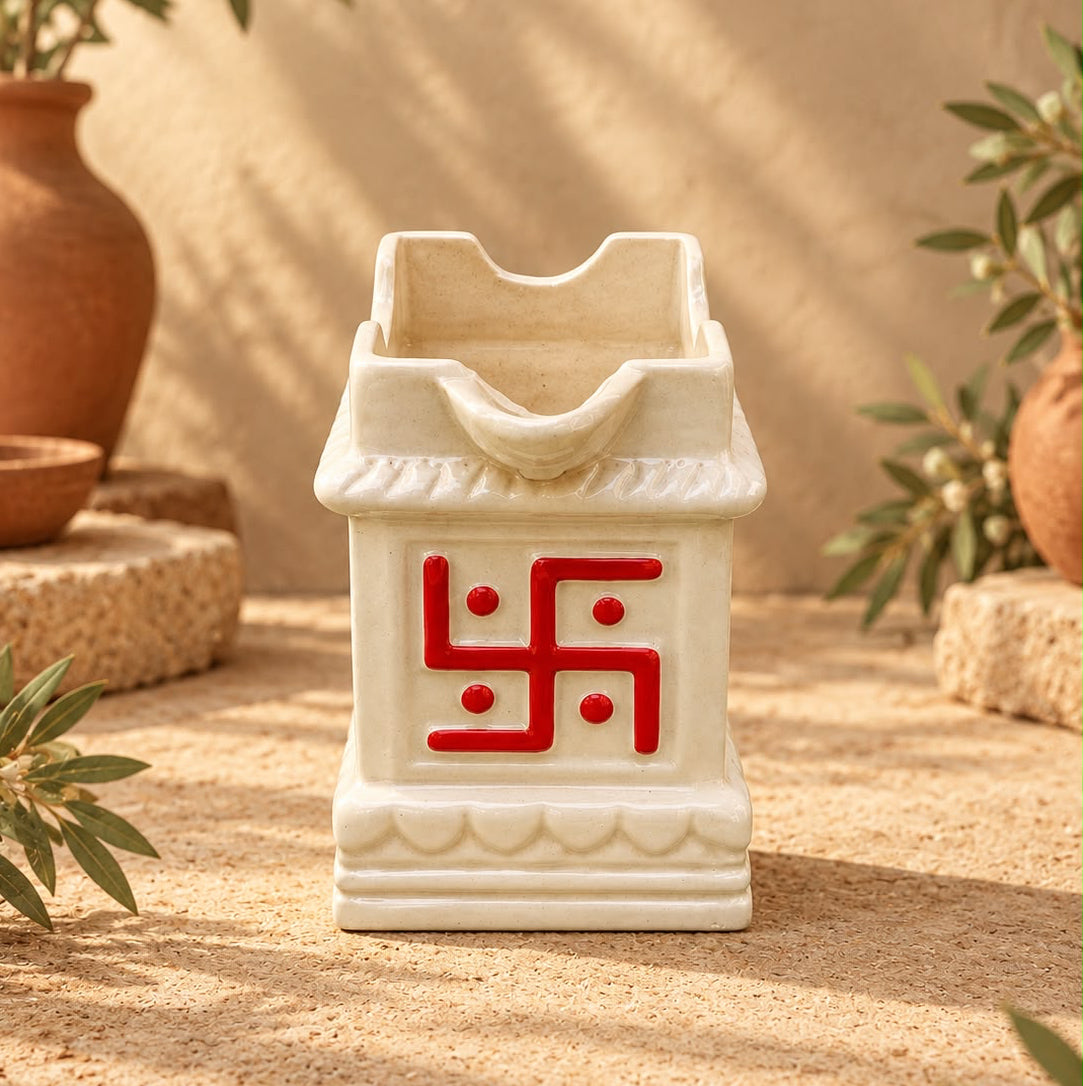 Cream Ceramic Swastik Pooja Planter