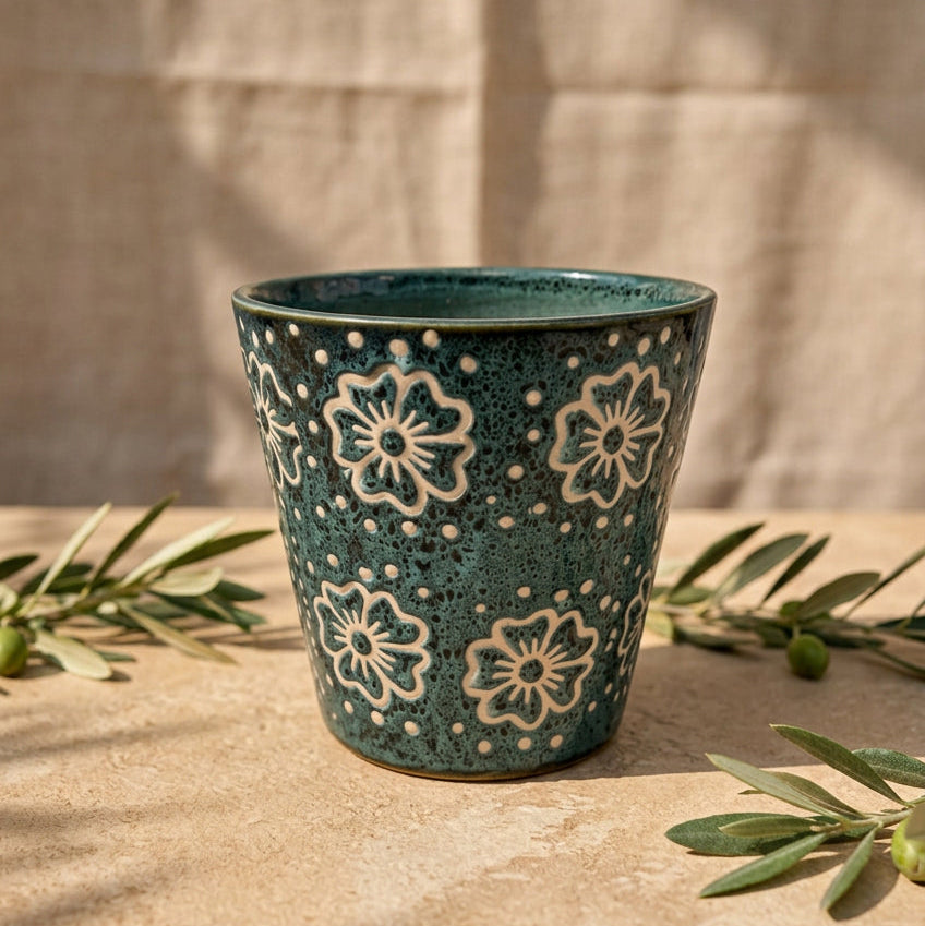 Meadow Bloom Ceramic Planter With Teal Finish