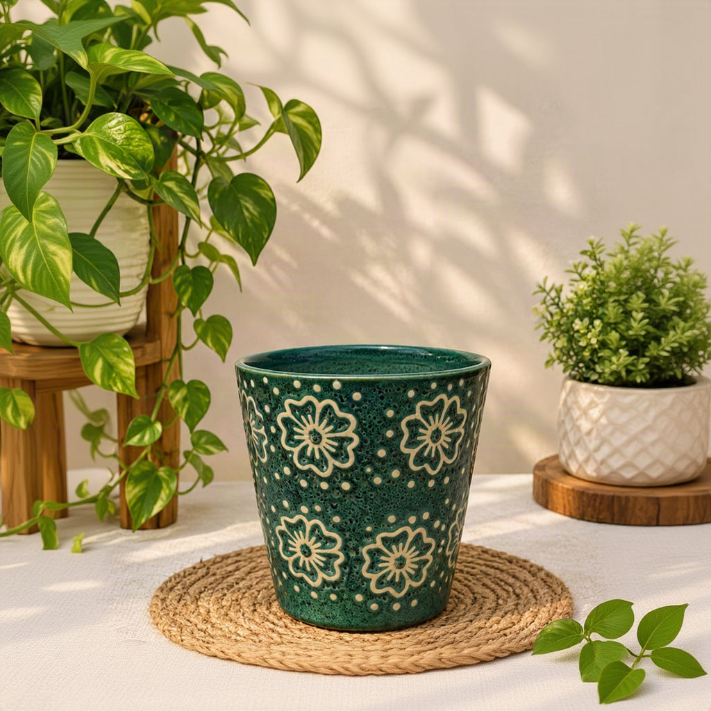 Meadow Bloom Ceramic Planter With Teal Finish