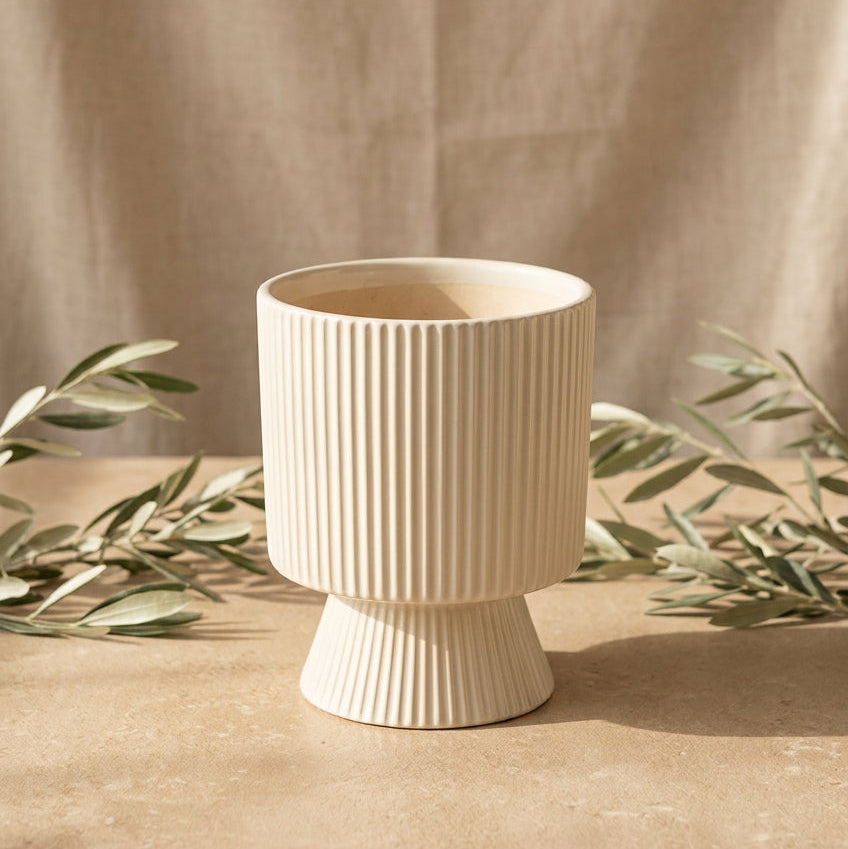 Ivory Ribbed Pedestal Planter Ceramic Planter